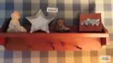 Pine wall shelf with Bright Eyes Hat Kids figurine, and other decorations