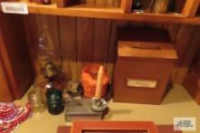 metal notes box, oil lamp, insulators and etc