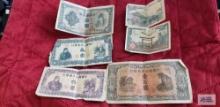 (1) 100, (2) 50, (3)10 Asian banknotes