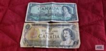 1954 and 1973...one dollar Canada paper money