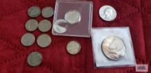 1976 Kennedy half dollar, 1962 quarter, 1955 and 1964 dimes, and other 1965 to 1968 dimes