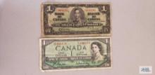 (2) Canadian one dollar...bills, 1937 and 1954