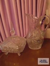 Crystal pitcher and covered candy dish
