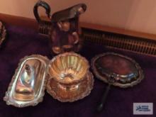 Silverplate butter dish, pitcher and etc