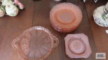Pink depression glass floral design cookie plate, plates, and dessert plates