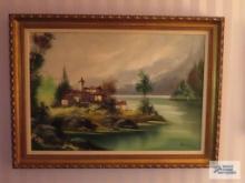 Lake scene oil on canvas by...Mancini