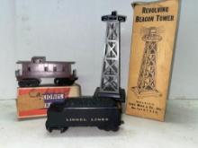 Lionel Train Caboose, Coal Car, and Louis Marx Revolving Beacon Tower