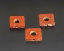 Set of 3 Square Center Perforated Catlinite Beads that are micro-drilled for suspension. NY.