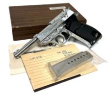 NIB Pristine Factory Engraved Chrome Walther P38 Pistol with Matching Box, Target and (2) Magazines