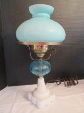 Turn Key Electric Blue Art Glass Oil Font Lamp with Milk Glass Foot