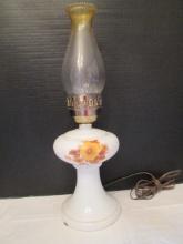 Electric Milk Glass Oil Lamp with Floral Bouquet Transfer