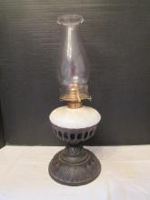 Milk Glass Font Oil Lamp in Cast Metal Stand
