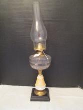 Clear Oil Font Oil Lamp with Pink Banded Milk Glass Post