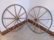 Pair of Antique Wooden Spoke Wheels with Iron Tire Band