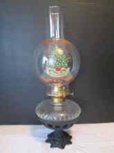 Glass Font Oil Lamp in Cast Metal Stand with Christmas Tree Design Chimney