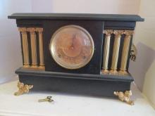 Vintage Black Painted Mantle Clock with Faux Pillars