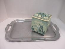Farberware Silvertone Serving Tray and West German Tea Caddy Tin