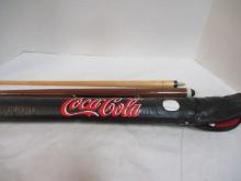 2 Wood Screw-Apart Pool Sticks in "Coca-Cola" Padded Bag