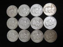 Lot of (12) Franklin Half Dollars