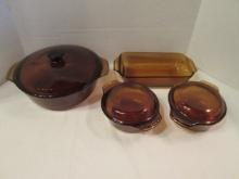 Brown Anchor Hocking Lidded Casseroles and Loaf Pan