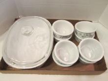 Corning French White Oval Lidded Casserole and Eight 7 oz. Ivy Coordinates