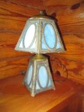 Vintage Victorian End of Day Slag Glass Panel Table Lamp with Light in Base