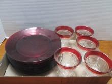 Five Midcentury Ruby Red Thumbprint Punch/Coffee Cups and 14 Ruby Red