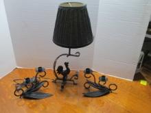 Black Metal Rooster Table Lamp and Pair of Leaf Design Candle Holders