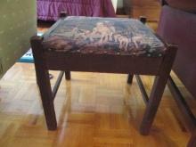 Antique Oak Stool with Hunt Scene Tapestry Seat