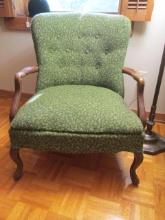 Vintage Upholstered Wood Armchair with Carved Arms and Feet
