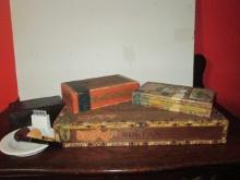 Three Vintage Wood Cigar Boxes, Embossed Tin Tobacco Box, Pipes and