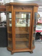Antique Curved Glass Tiger Oak Lion Head Curio Cabinet