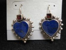 Sterling Silver Lapis and Garnet Heart Earrings