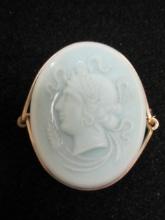 Vintage Blue Milk Glass Cameo Brooch on Gold Wire Wrap
