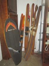 Three Pari of Vintage Wood Water Skis and Knee Board