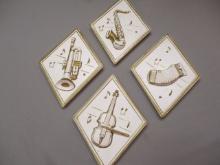 4 Vintage Lefton Diamond Shaped Wall Plaques w/Embossed Musical Instruments