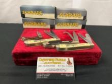 4x Schrade Folding Pocket Knives, S-OTHP Trapper, LB-1, 2x Scrimshaw models 940TYE