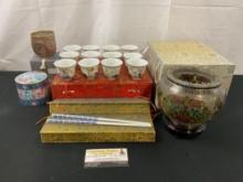12 Teacups, Pair of Sets of Chopsticks, Cloisonne Opium Jar, Pair of Plique-a-Jour Pieces