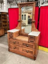 Antique Eastlake Style Spoon Carved Wheeled Wood Vanity w/ 6 Drawers & Marble Accents. See pics.