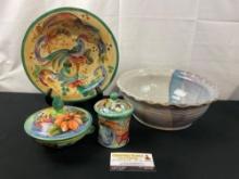 Signed glazed bowl & trio of Mayolica Santa Rosa Mexican Glazed Porcelain pieces