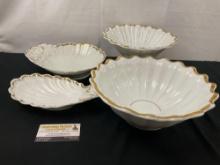 4 Unmarked Pieces of Antique Limoges (?) Porcelain China, Gold Rimmed w/ Seashell Ridges