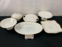 6 pieces of Antique Limoges, unmarked, Gold Rimmed, Servingware Footed dish, platter, square plate