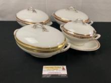 4 Unmarked Pieces of Antique Limoges (?) Porcelain China, Gold Rimmed Tureens w/ Lids