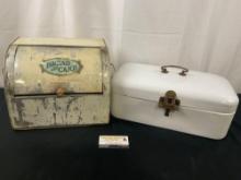 Pair of Antique Bread Keeper Boxes, Enamel Siegwerk Siegenia & Bread & Cake Sliding Lid Box