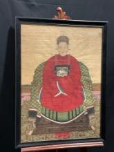 Framed Vintage Red Robed Chinese Ancestor/Noble Woman Portrait on Silk