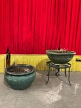 2 pcs Ceramic Garden Planter Pots & 1 pc Metal Planter Stand. 1x Teal & 1x Turquoise Glazed Pot. ...