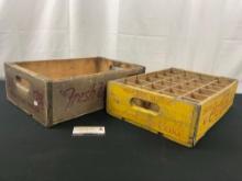 Pair of Vintage Soda Bottle Iron Banded Wooden Cases 24 pack, 7 Up & Coca-Cola