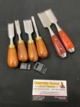 Set of 6 Steel Woodworking Chisels, .25, .5, .75 & 1 inch blades, and 2 corner chisels