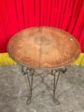 Antique 2-Tier Round Side Table or Planter Stand w/ Tiger Oak Top & Twisted Copper Wire Legs. See