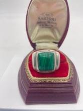 Heavy vintage .925 Mexican sterling silver crude men 's ring with large Malachite center stone